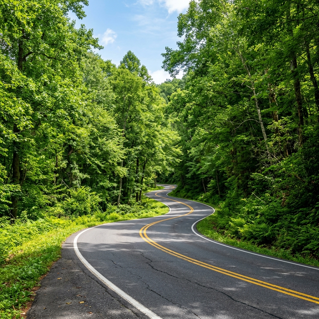 道路とその周辺の樹林